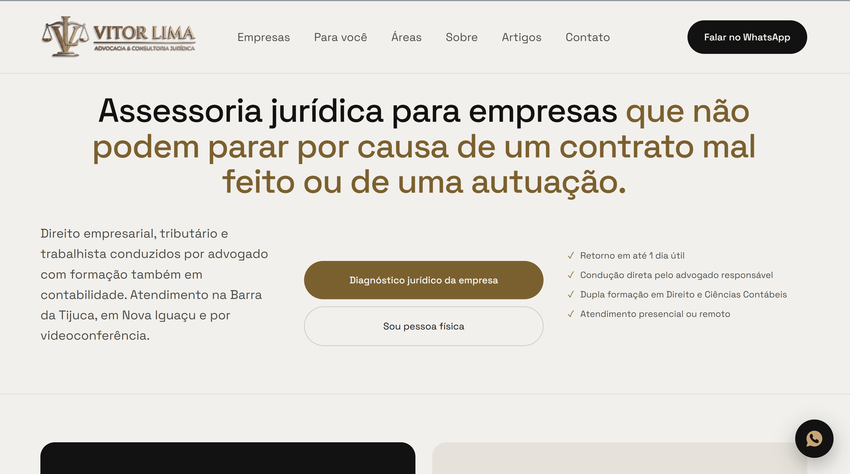 Print da home do site Vitor Lima Advocacia